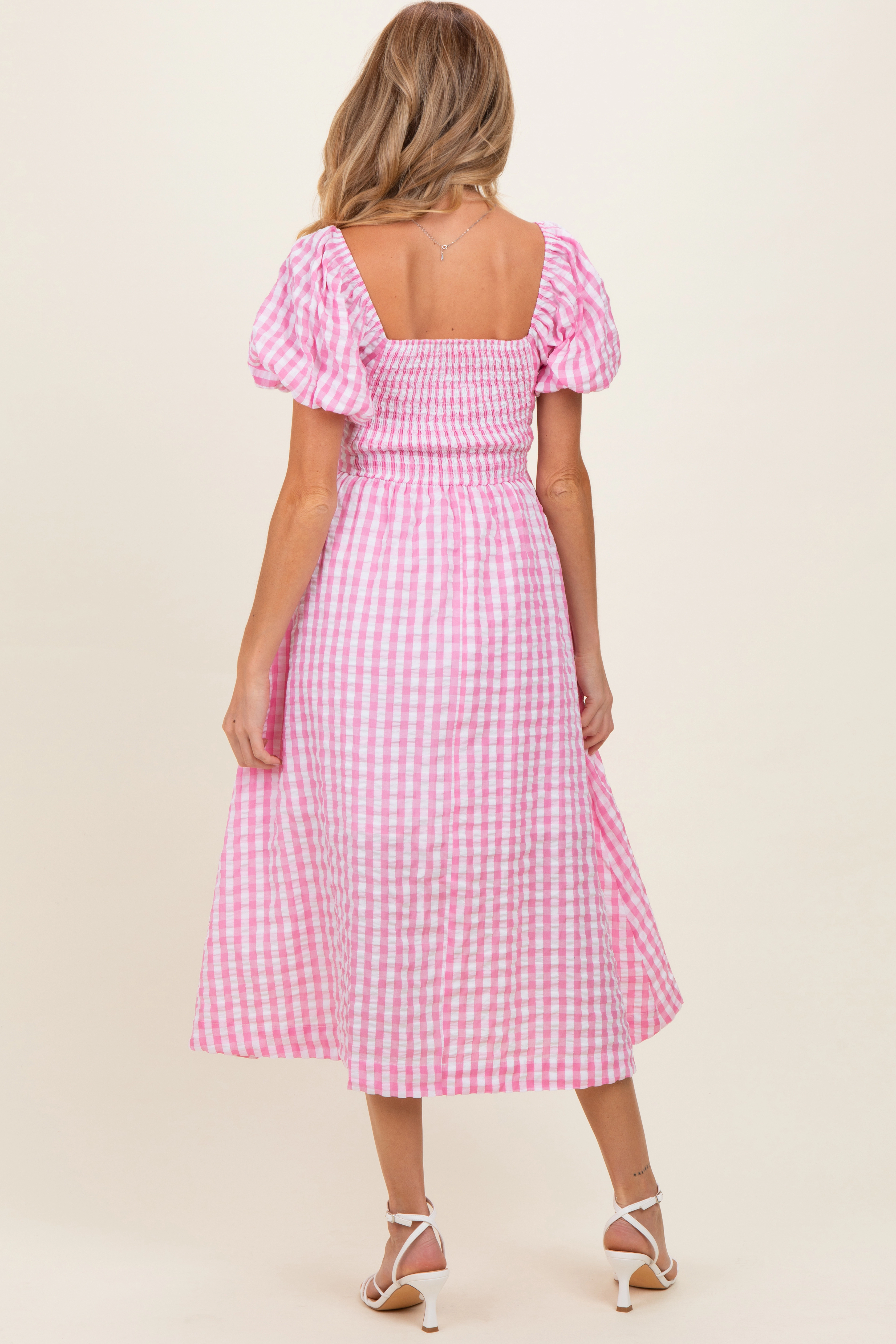 PinkBlush Womens Pink Gingham Puff Sleeve Maternity Midi Dress