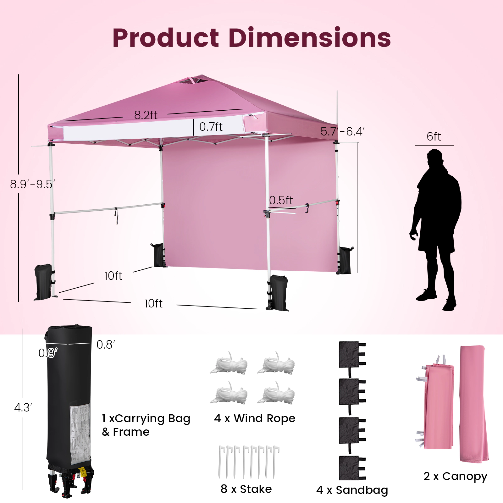 SUGIFT Pink Commercial Pop Up Canopy Tent with Roller Bag and Detachable Sidewall 10-ft W 10-ft D 8.9-ft H