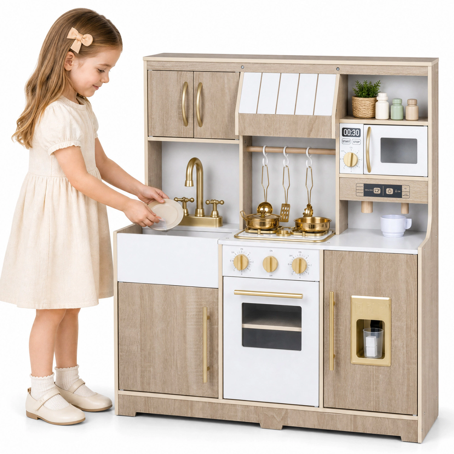 LJG Wooden Play Kitchen with Lights & Sounds and Ice Maker Stove Sink for Toddlers