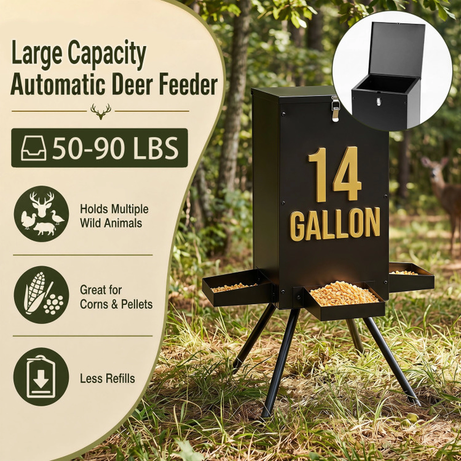SUGIFT 90-lb Gravity Deer Feeder with 50-90 lb Hopper Capacity 4 Feeding Trays 4-Leg Stand 36-in Tall Black
