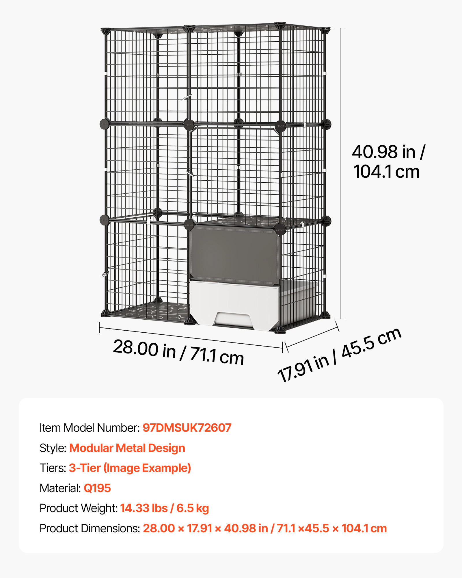 HONGGE 28 x 17.91 x 40.98 in 3-Tier Steel Cat Cage with Litter Box, Indoor Playpen for 1-2 Cats, Black