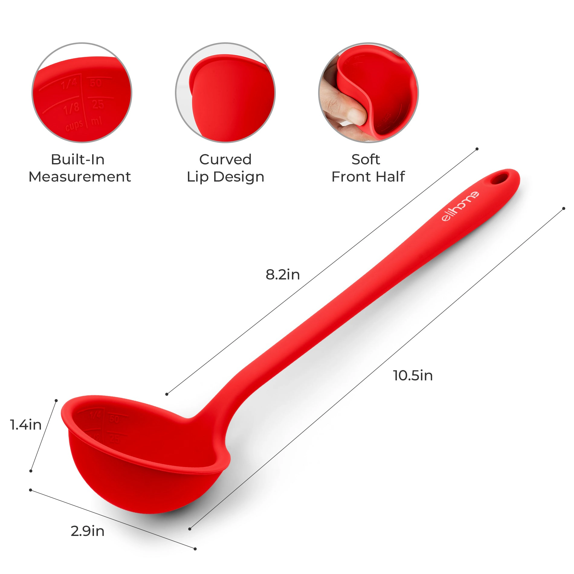 Elihome Classic Ladle - Flexible Silicone Soup with Pour Spout and Measuring Markings