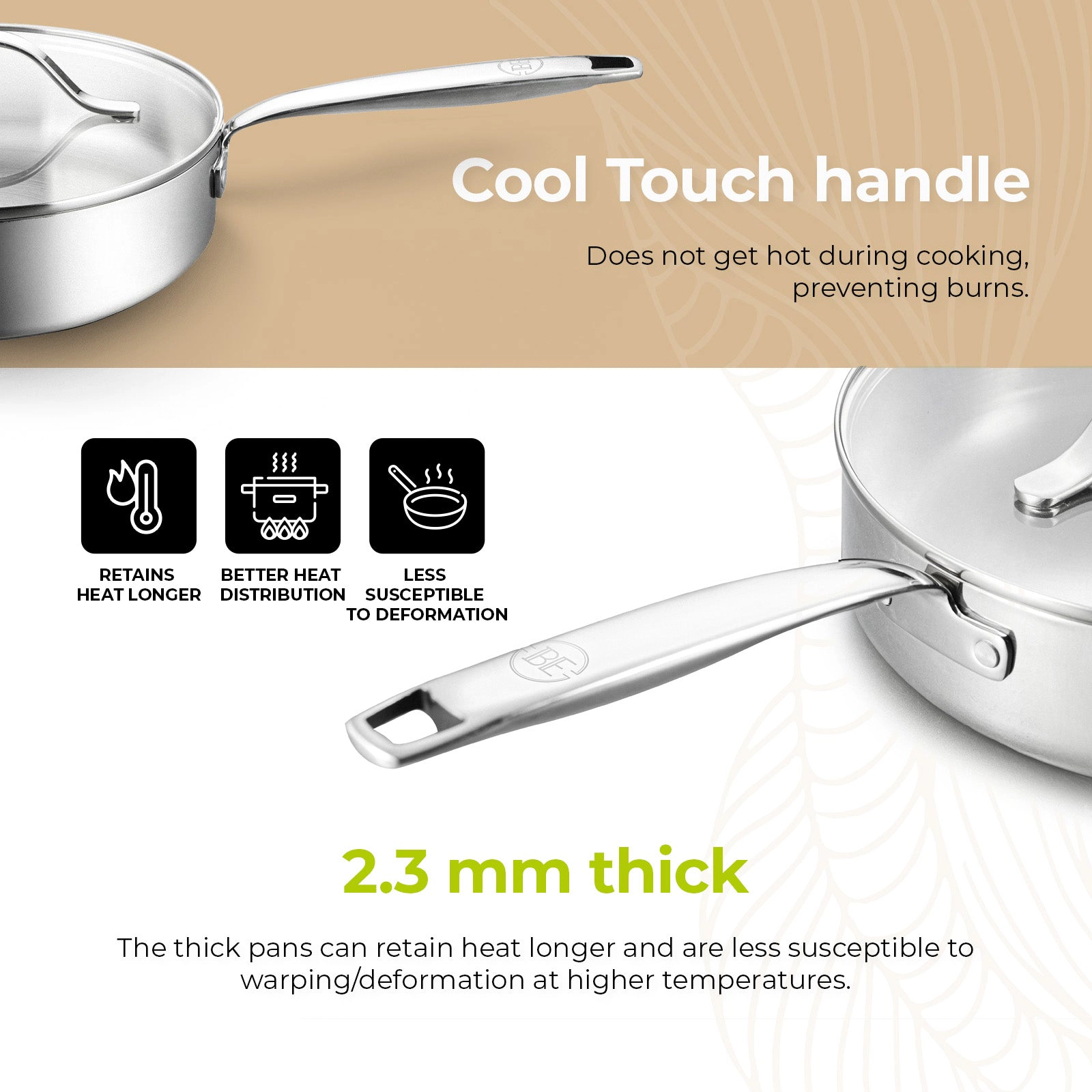 BE - LIVING Essential Series PFAS- free Tri-Ply Stainless Steel Sauté Pan with Lid 9.5"