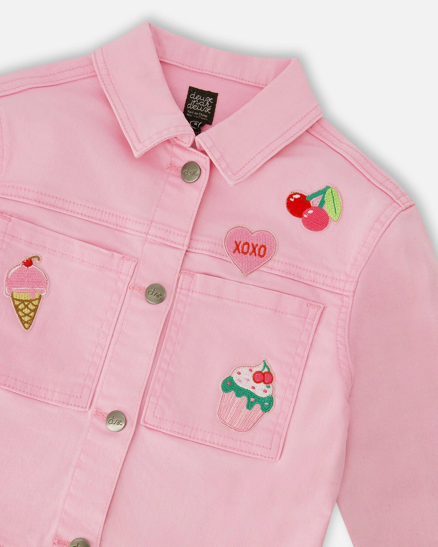 Deux par Deux Girls Denim Jacket with Embroidered Patches