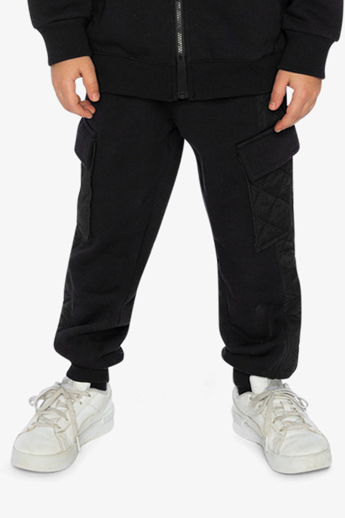 Deux par Boys Fleece Bi-Material Quilted Cargo Sweatpants with Pockets