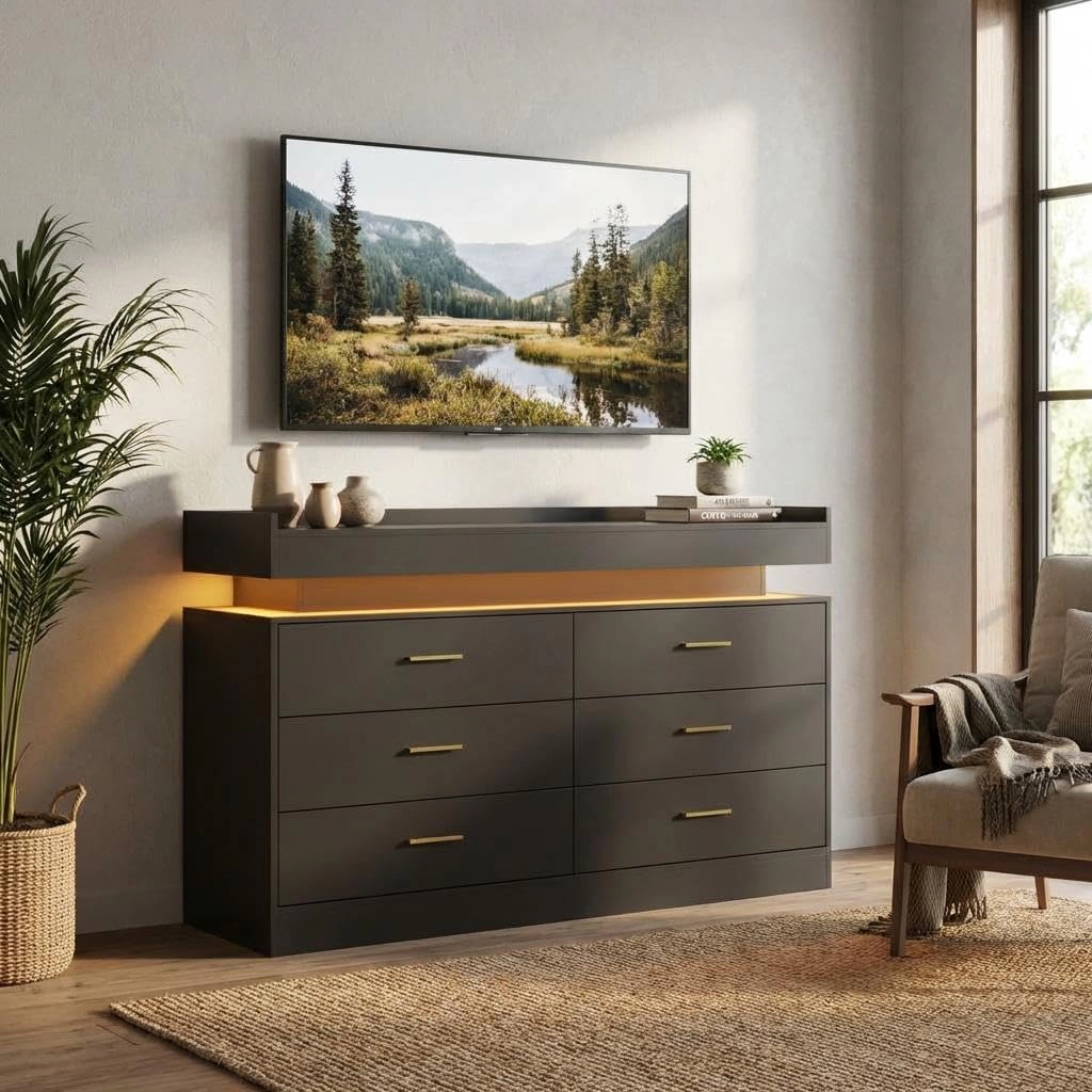 Modern TV Stand Dresser with LED Lights & Charging Station, Floating Top Sideboard Cabinet 6 Drawers