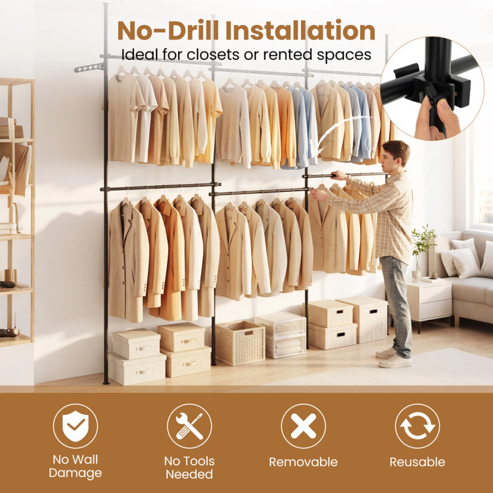 SUGIFT Black Adjustable Floor to Ceiling Clothes Rack with 6 Hanging Rods and No-Drill Telescoping Poles