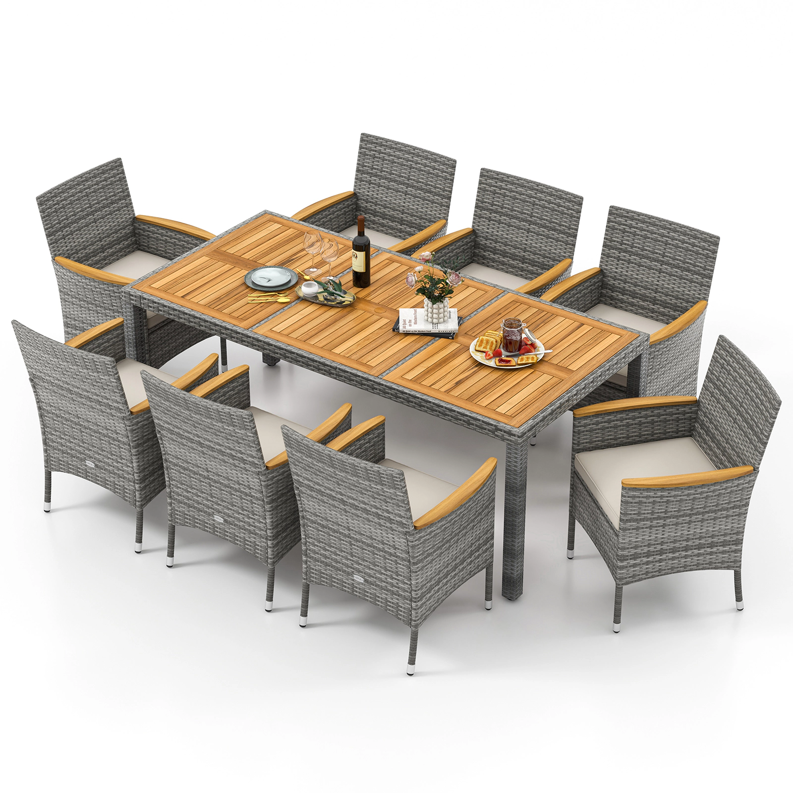 SUGIFT White Acacia Wood Table for Deck and Garden Off 9-Piece Patio PE Wicker Dining Set