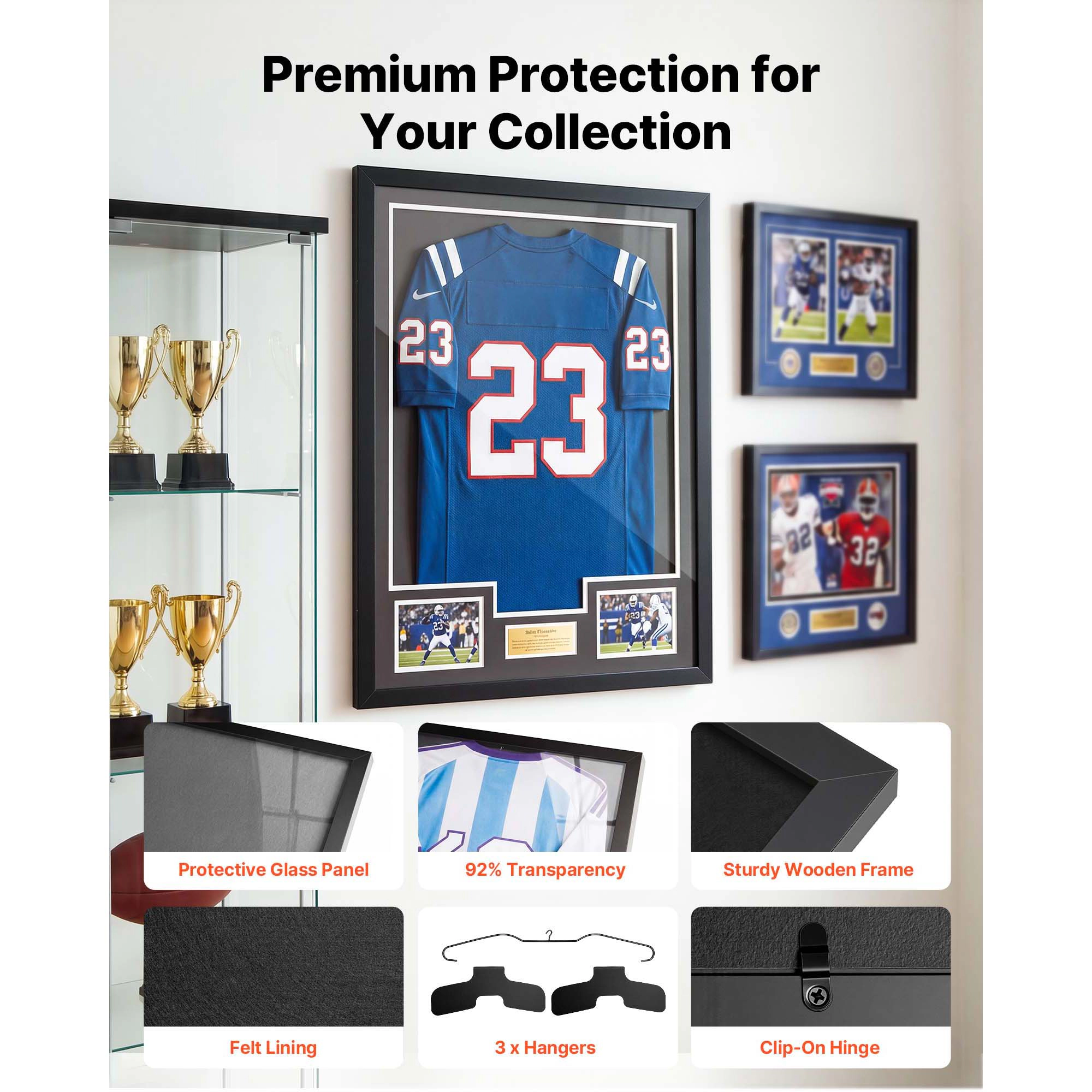 HONGGE Jersey Frame Display Case Wooden Sport Jersey Shadow Box with 98% UV Protection PC Panel and Hanger Magnetic