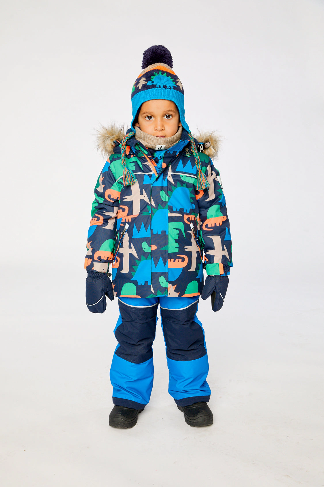 Deux par Boys Dinosaur Print Two Piece Discover Snowsuit with Hooded Jacket and Snow Pants