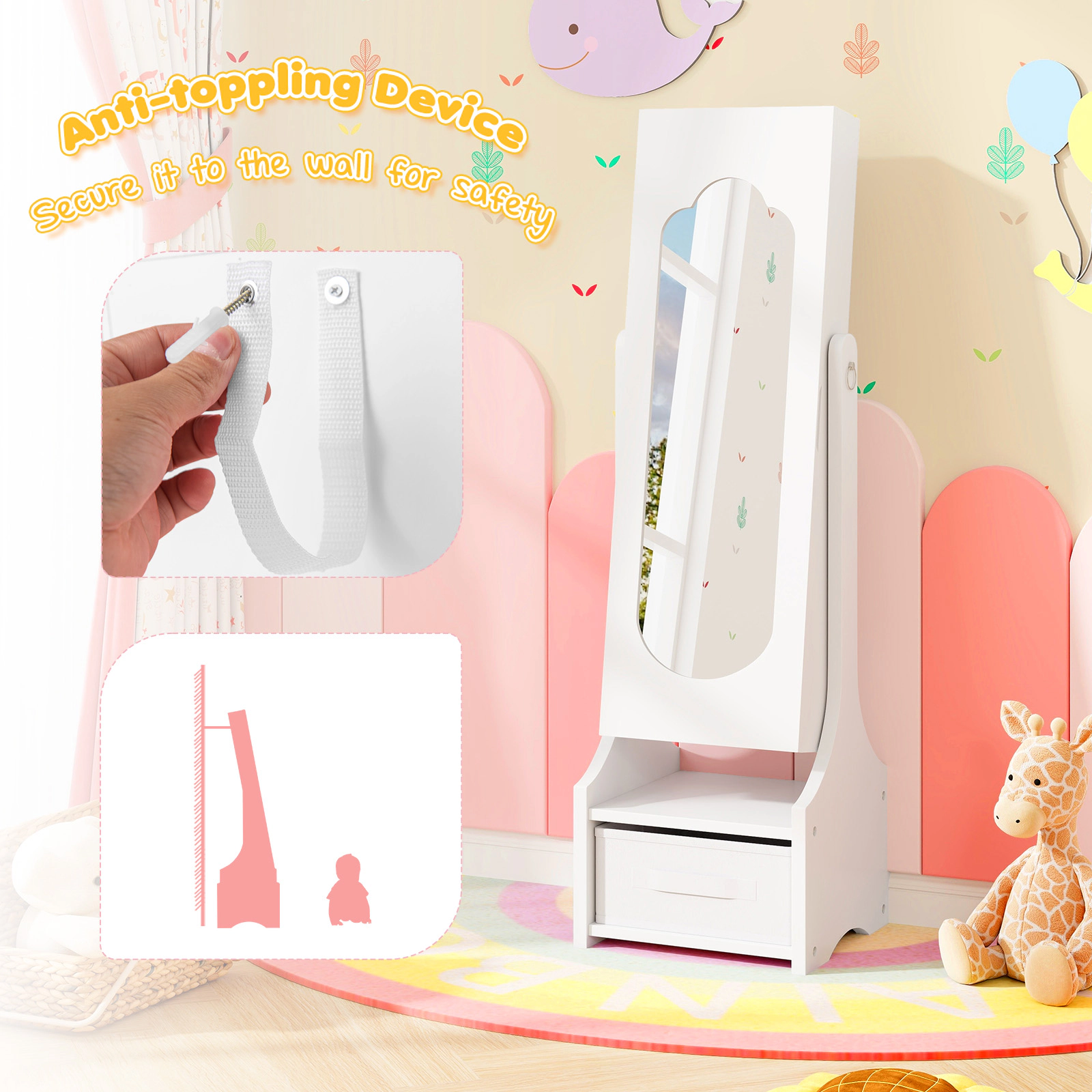 SUGIFT Kids Jewelry Armoire White Freestanding Cabinet with 2 Tilt Angles and Fabric Drawer