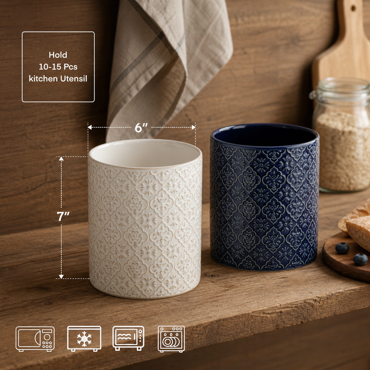 WZK Large Ceramic Embossed Crock Kitchen Utensil Holder