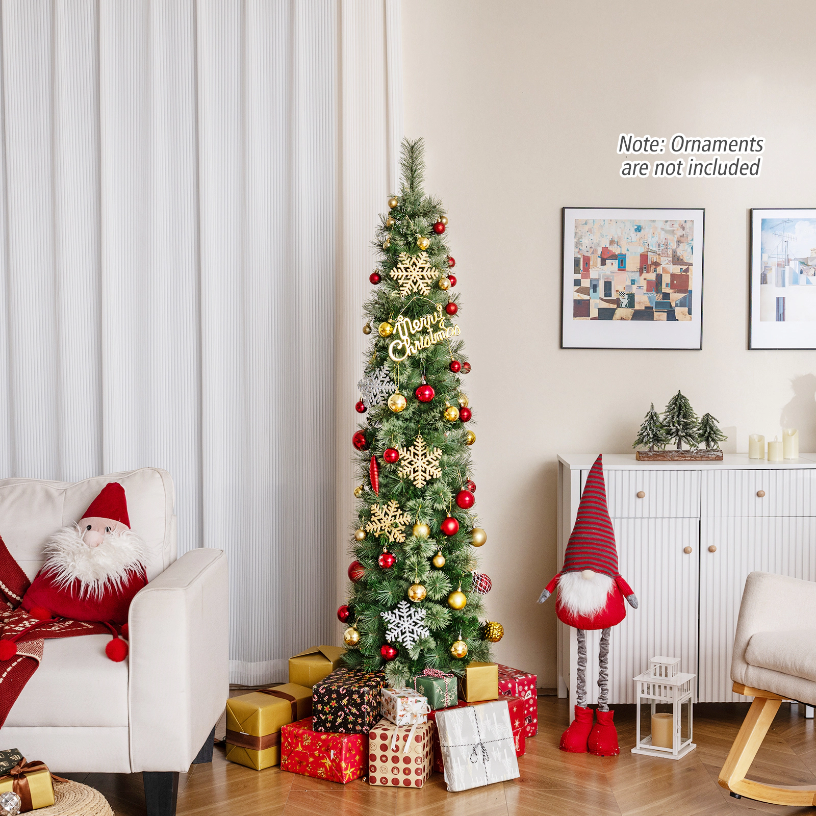 Costway 6/7 FT Pre-Lit Pencil Artificial Christmas Tree with 120/150 LED Warm Lights, 8 Modes