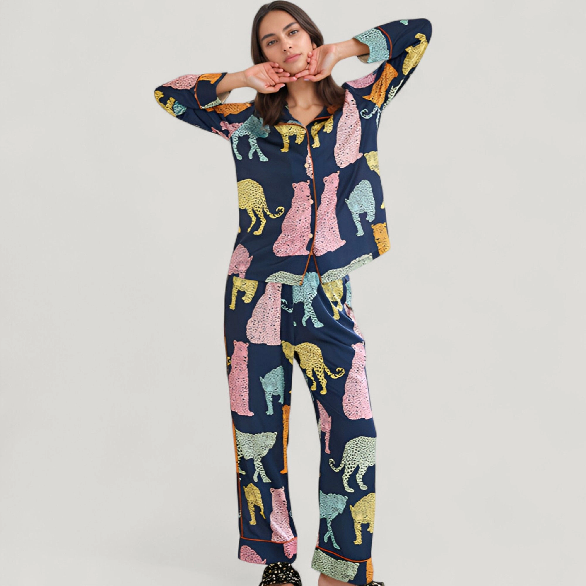 Anna-Kaci Women's Satin Multicolor Leopard Print Pajama Set with Button Up Long Sleeve Shirt and Relaxed Fit Pants