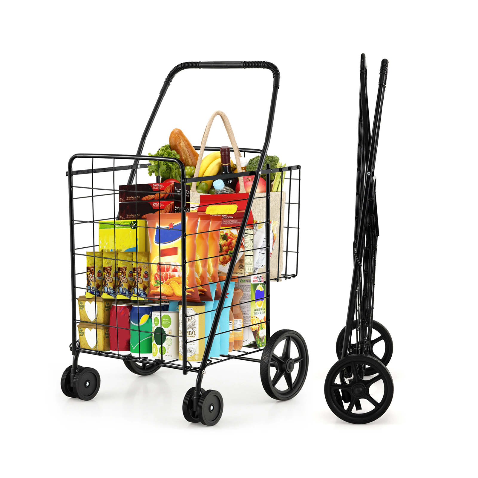 SUGIFT Folding Shopping Cart for Laundry & Groceries with Swiveling Wheels & Dual Storage Baskets 88-lb Capacity Black