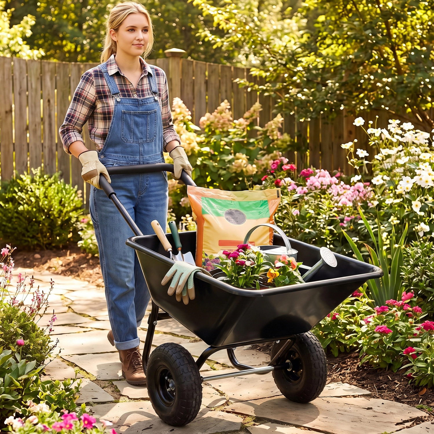 LJG Dual-Wheel Wheelbarrow Garden Utility Cart with Pneumatic Tires