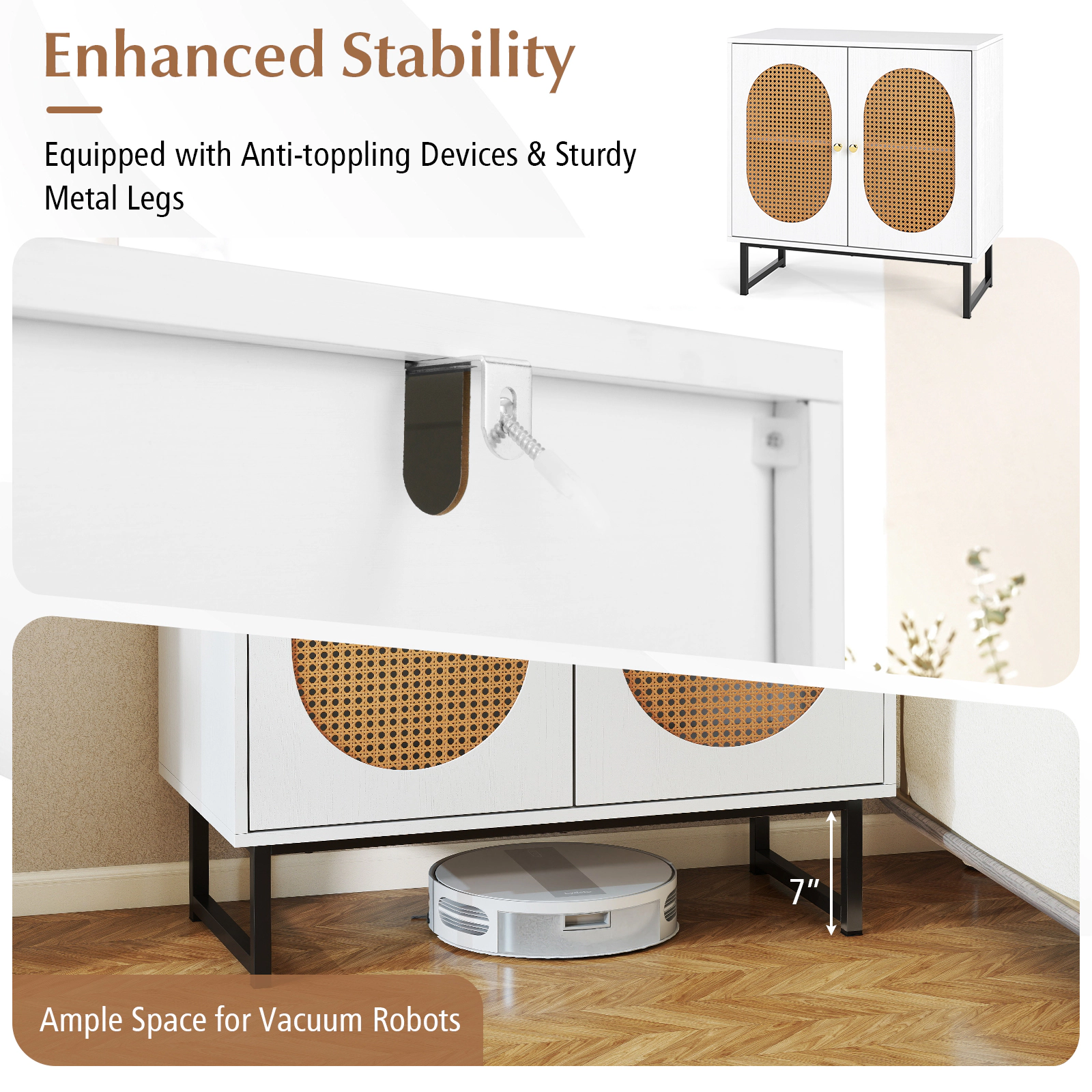 SUGIFT Rattan 2-Door Buffet Sideboard Cabinet with Adjustable Shelf 66-lb Top Capacity Natural/White