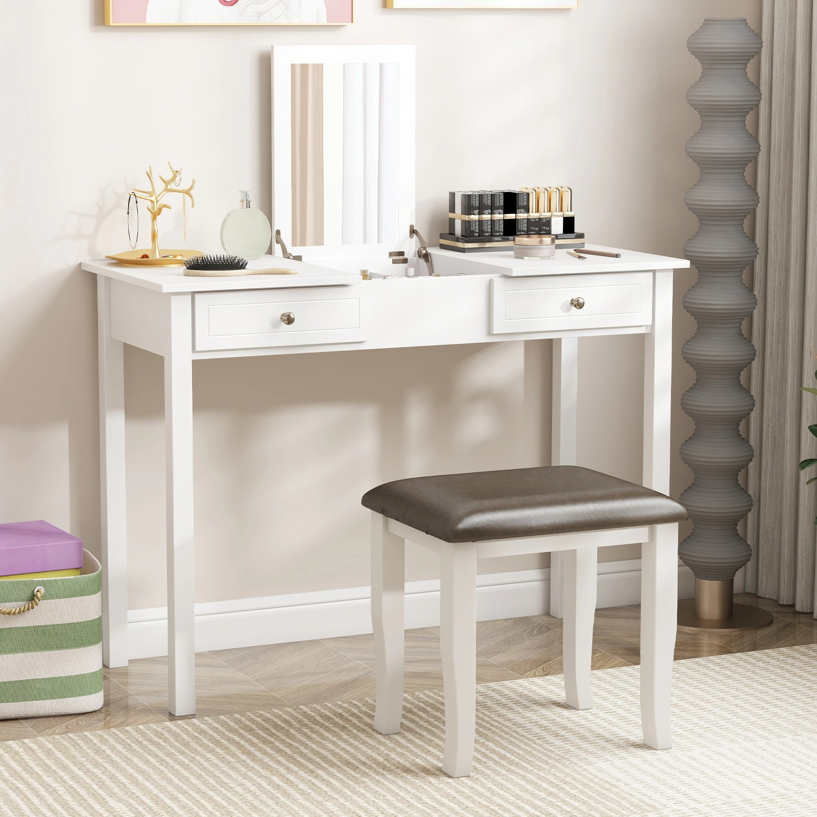 SUGIFT Set of 2 Faux Leather Vanity Stool Chairs with Padded Seat 18.5-in Wide 250-Lb Capacity Gray and White
