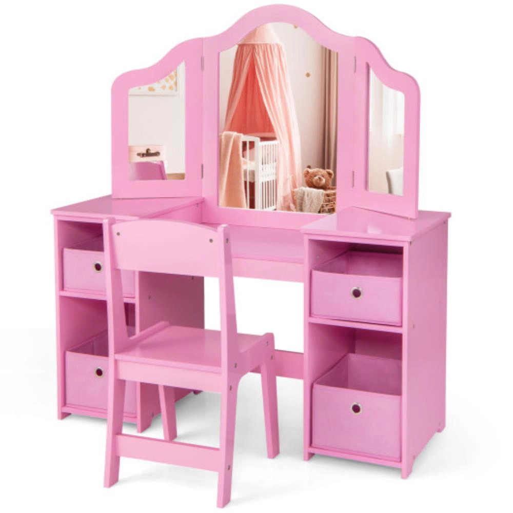 Hivvago Kids Vanity Table And Chair Set With Removable Mirrors 4 Storage Bins
