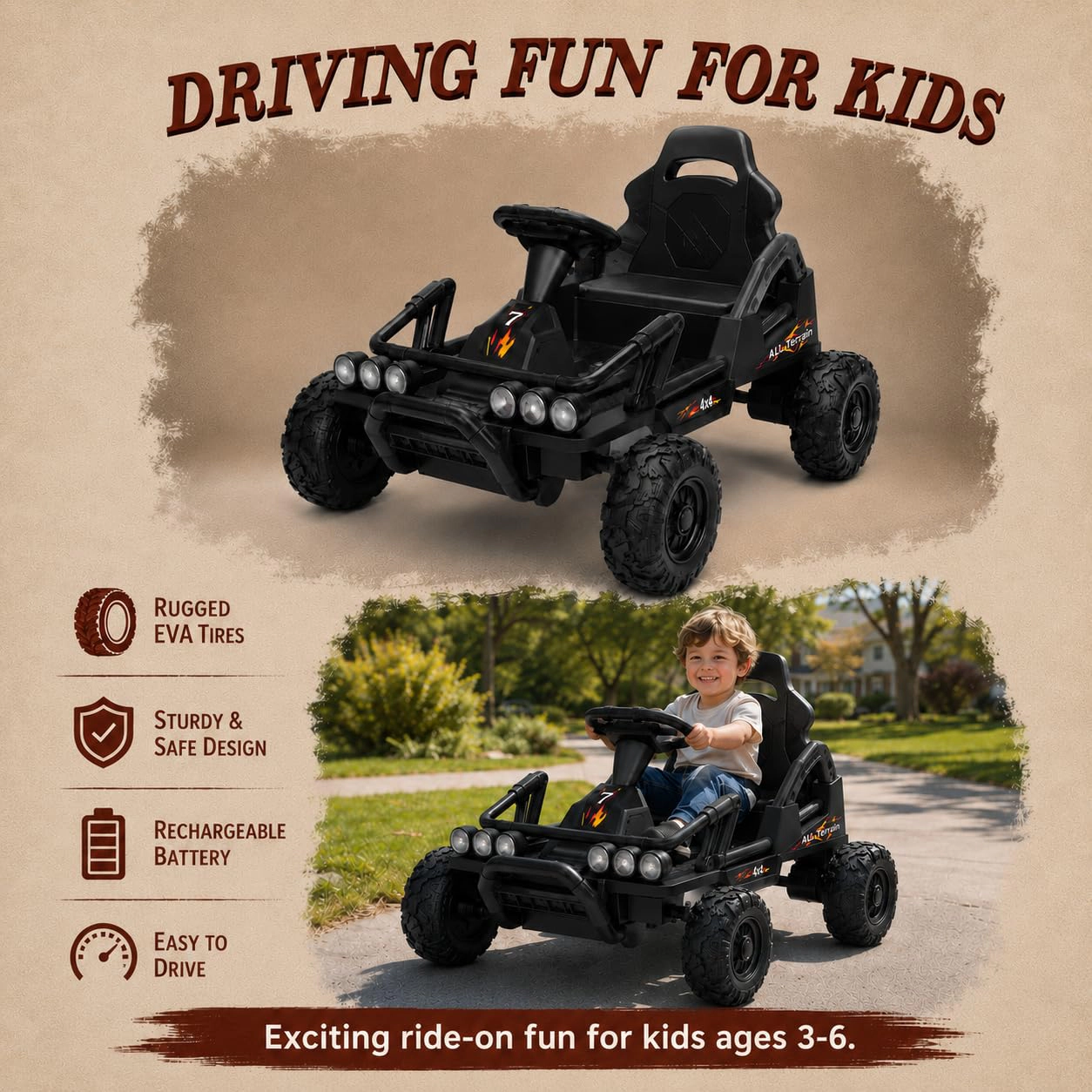 12V Kids Ride On Car with Dual Motors, Electric Vehicle Rechargeable Battery, Four Wheel Drive Toy