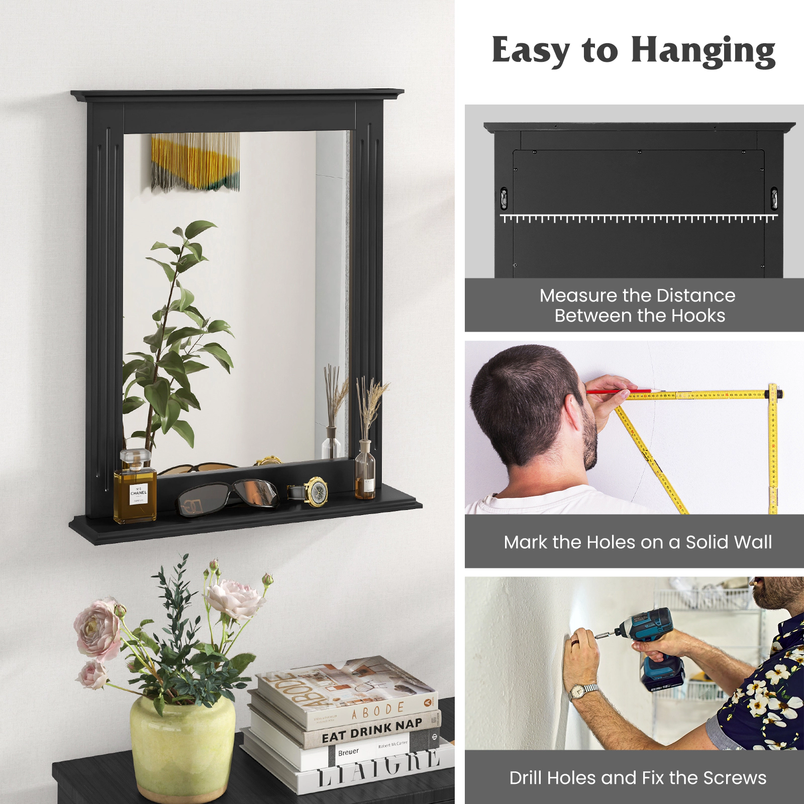 SUGIFT Wall-Mounted Vanity Mirror Black with Storage Shelf for Bathroom