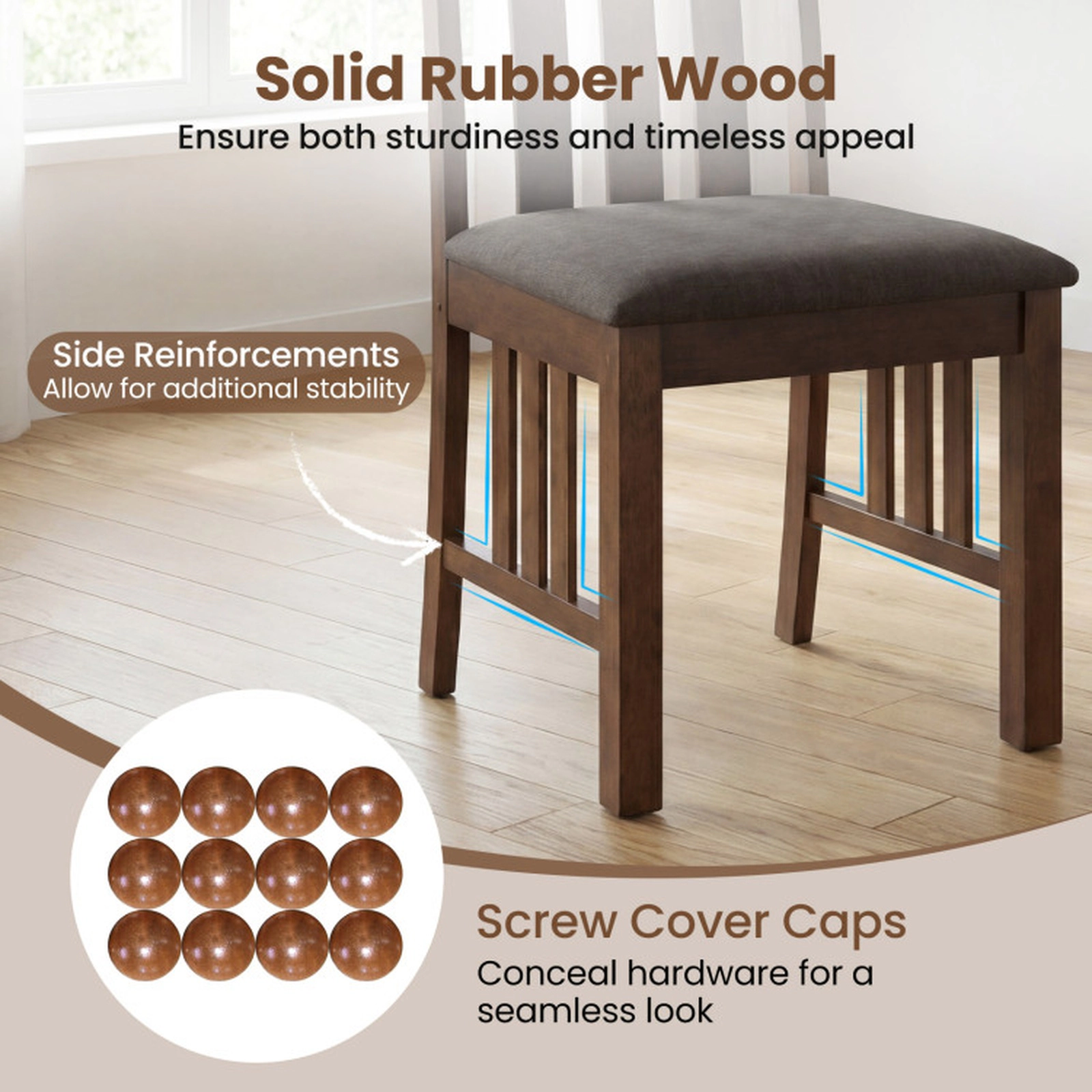 SUGIFT Rubber Wood Slat Back Dining Side Chairs Set of 4 330-lb Capacity Brown and Brownish Gray