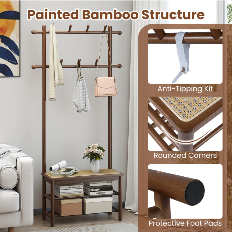 Hivvago Bamboo Hallway Organizer with Rattan-Style Bench, Coat Hooks & Shoe Shelves
