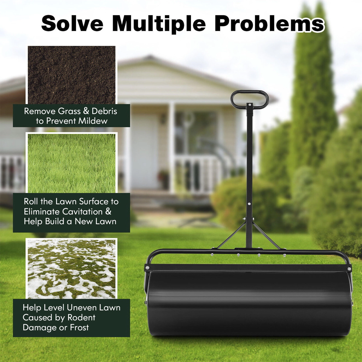 SUGIFT Black 17-gal Water Filled Lawn Roller Push Pull or Tow Behind Metal Drum with Detachable Handle