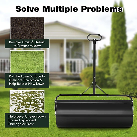 SUGIFT Black 17-gal Water Filled Lawn Roller Push Pull or Tow Behind Metal Drum with Detachable Handle