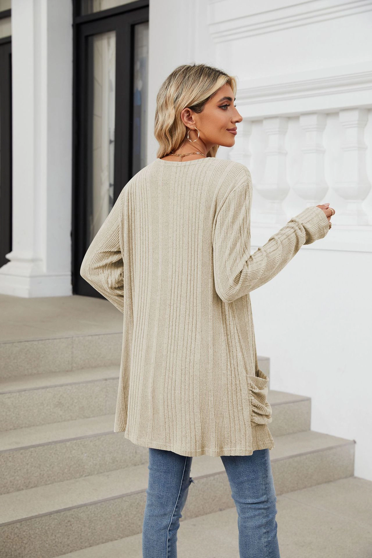 Women's Lightweight Open Front Button Cardigan Fall Sweater with Pockets