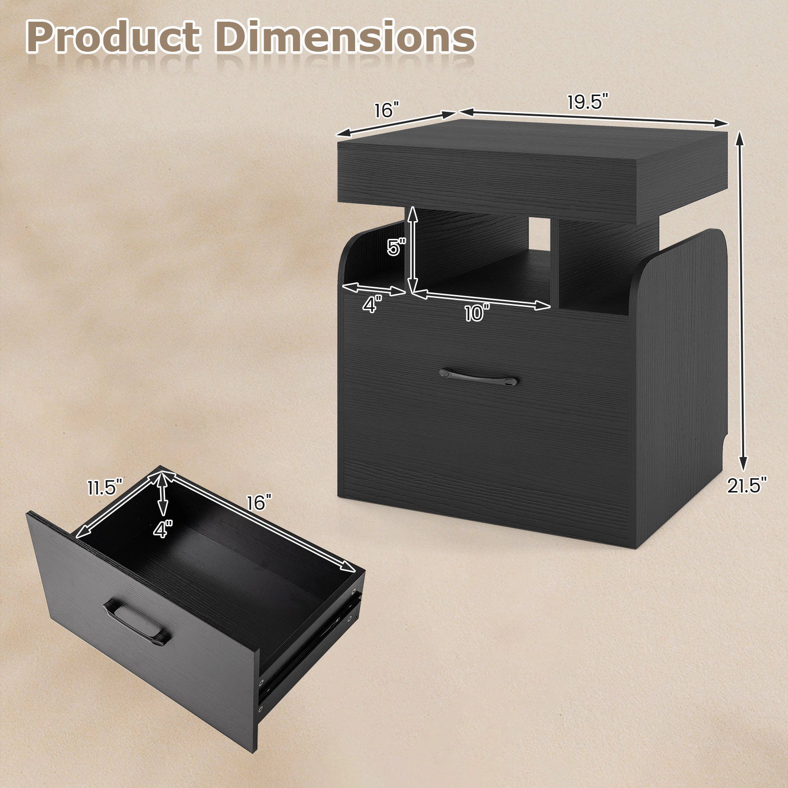 Glintex Nightstand with Push-to-Open Sliding Top Charging Station and Hidden Tray