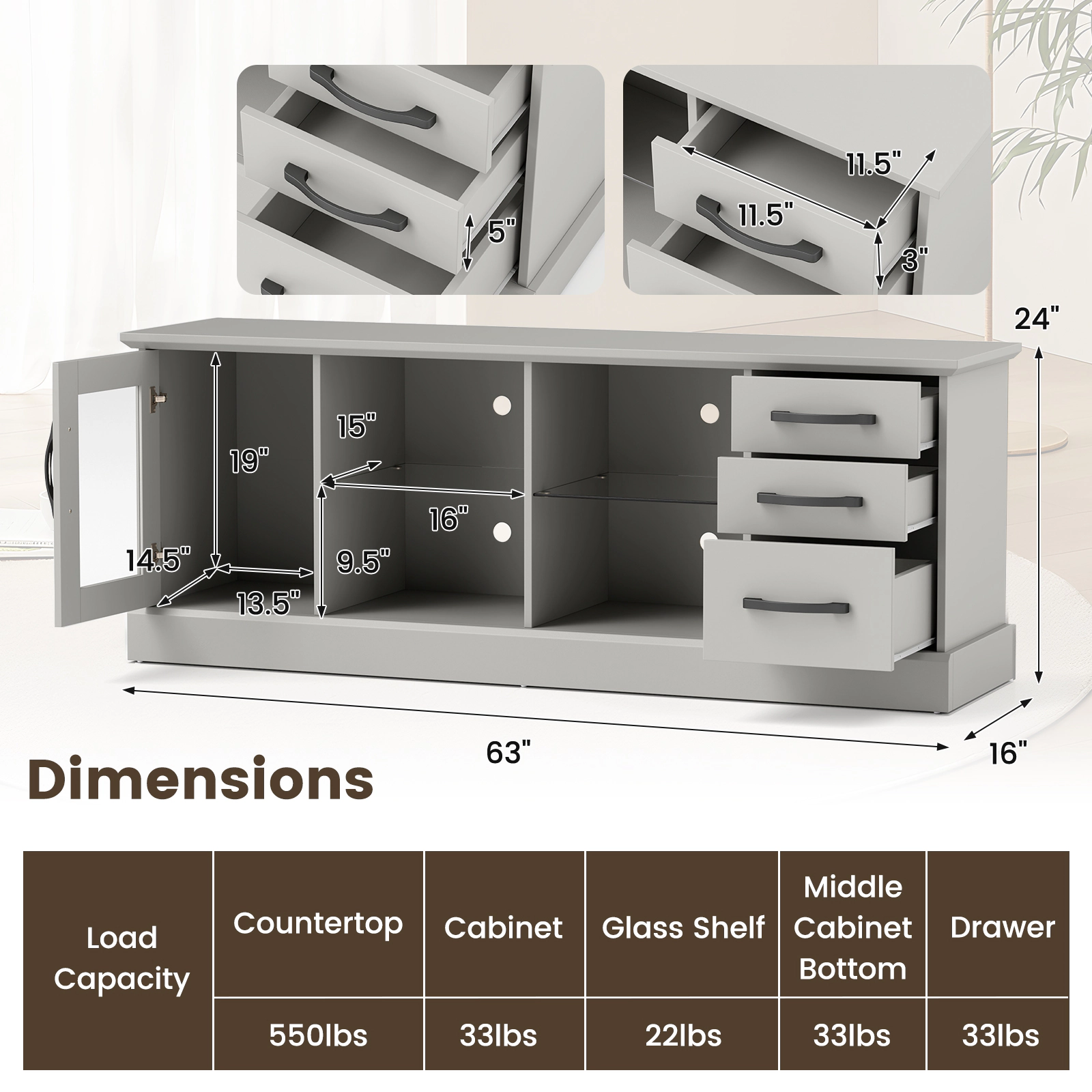 Glintex 63-Inch Media Console with 3 Drawers and 2 Removable Glass Shelves, Gray