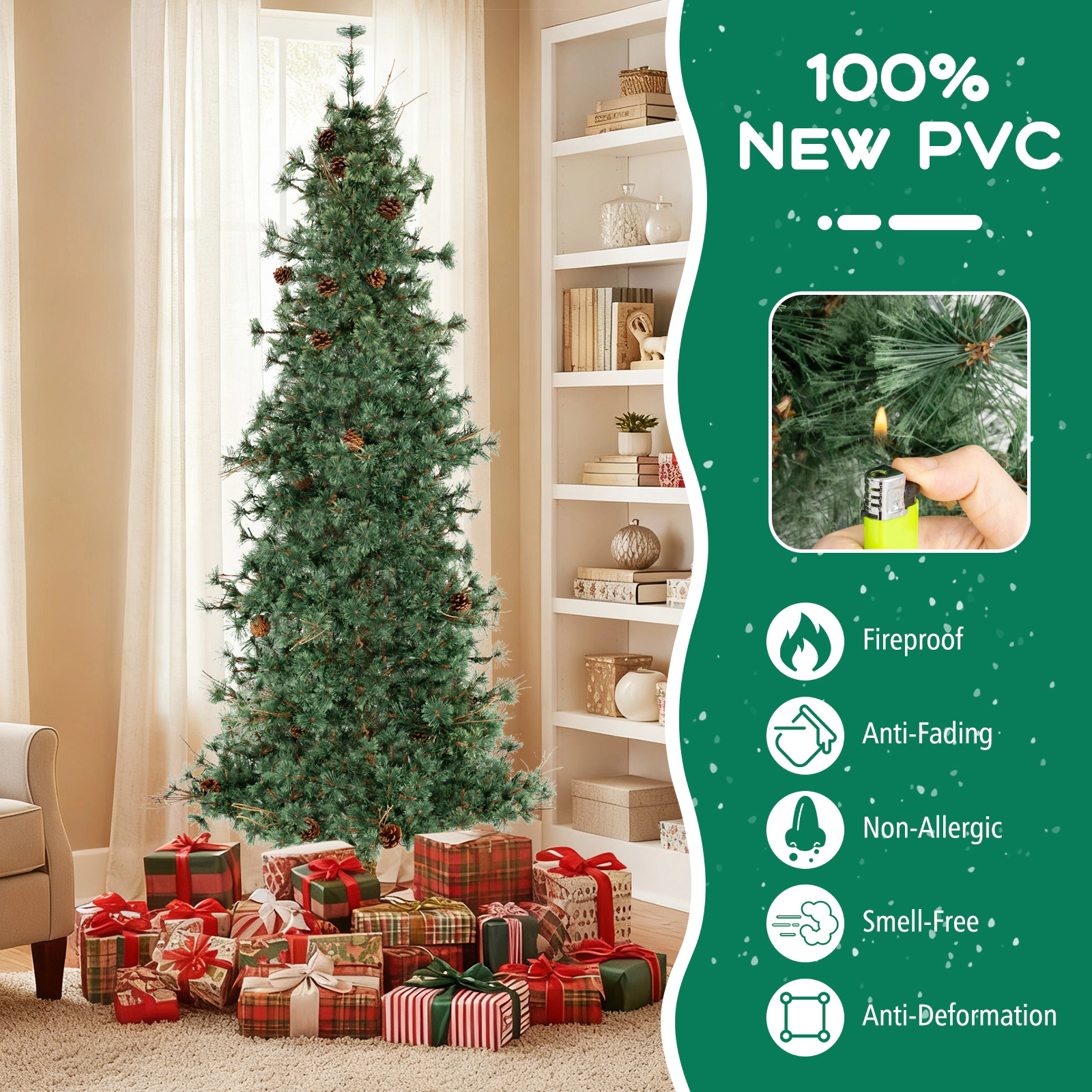 SUGIFT 8-ft Green Pre-Lit Artificial Spruce Christmas Tree with Cashmere Needles 36 Pine Cones and 400 LEDs