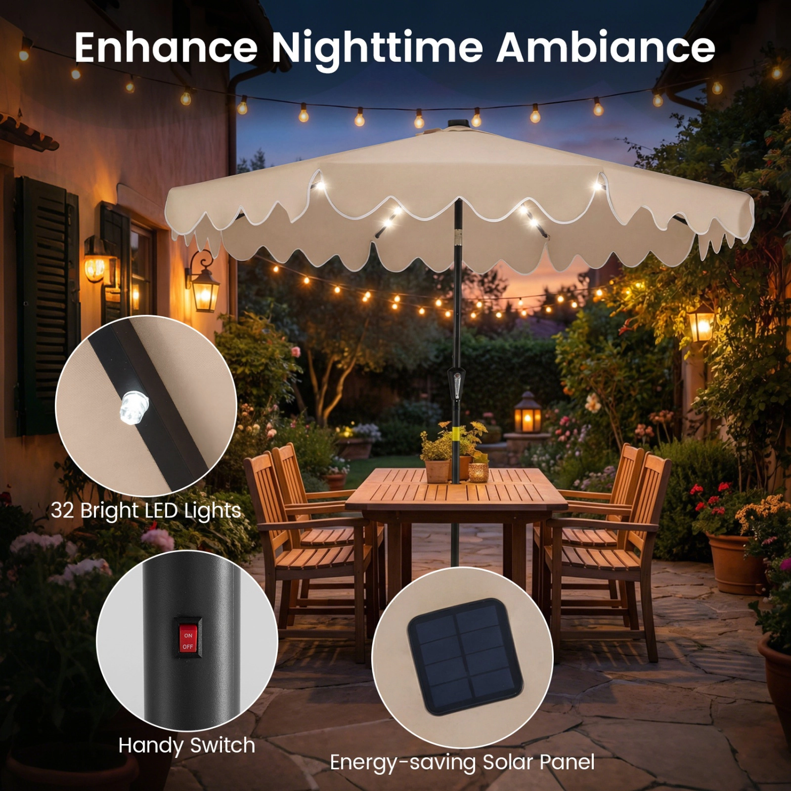 SUGIFT 9-ft Solar LED Lighted Outdoor Patio Umbrella with Crank Tilt, 9 x 8 in Canopy and Weighted Base Brown