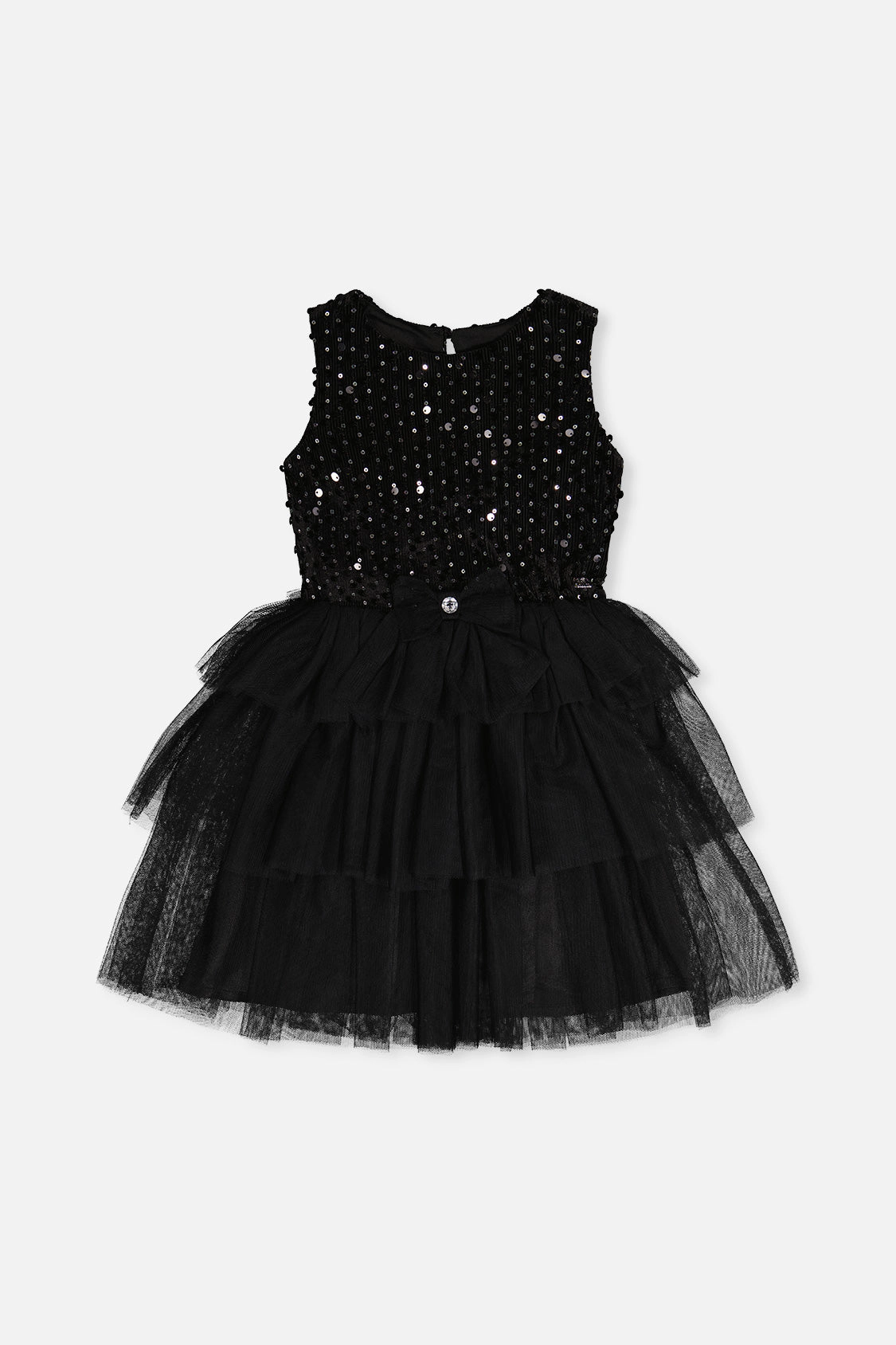 Deux par Girls Bi-Material Sparkle Velour Sleeveless Tiered Mesh Dress