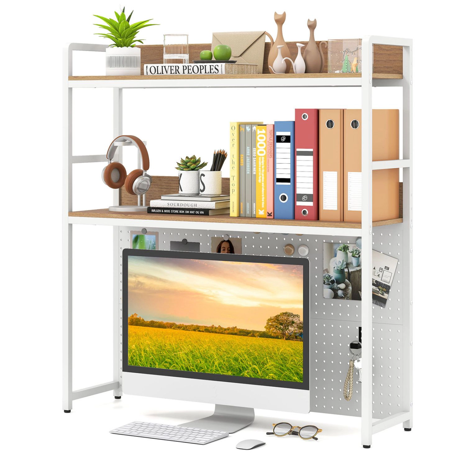 SlickBlue Desktop Bookshelf with 2-Tier Shelves and Pegboard Storage
