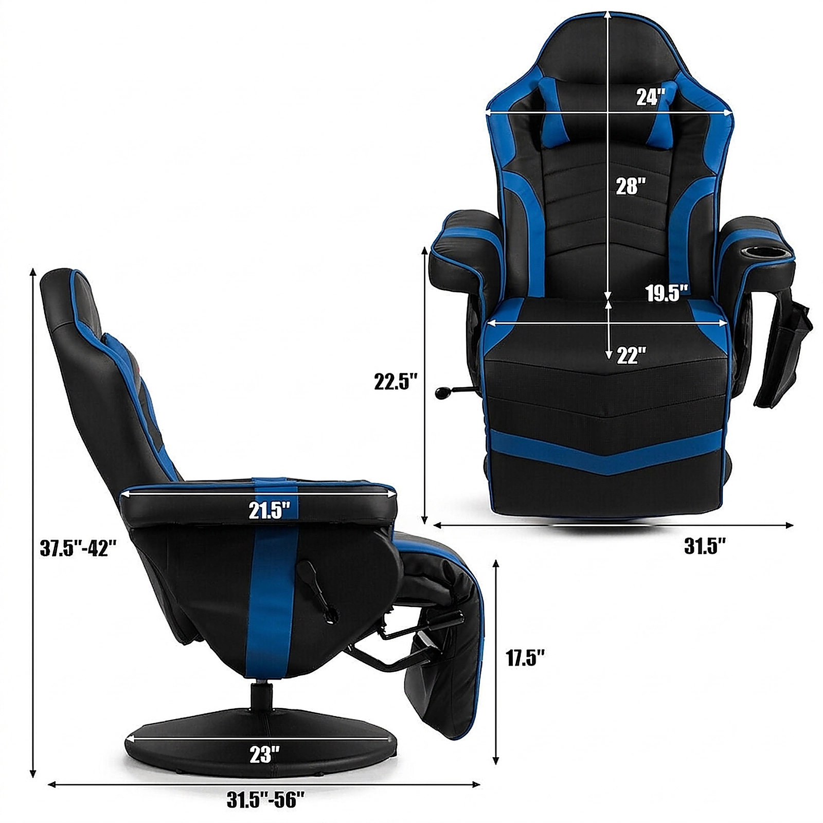 SUGIFT Blue Gaming Recliner Chair, 8-Mode Massage, Adjustable Footrest, Cup Holder