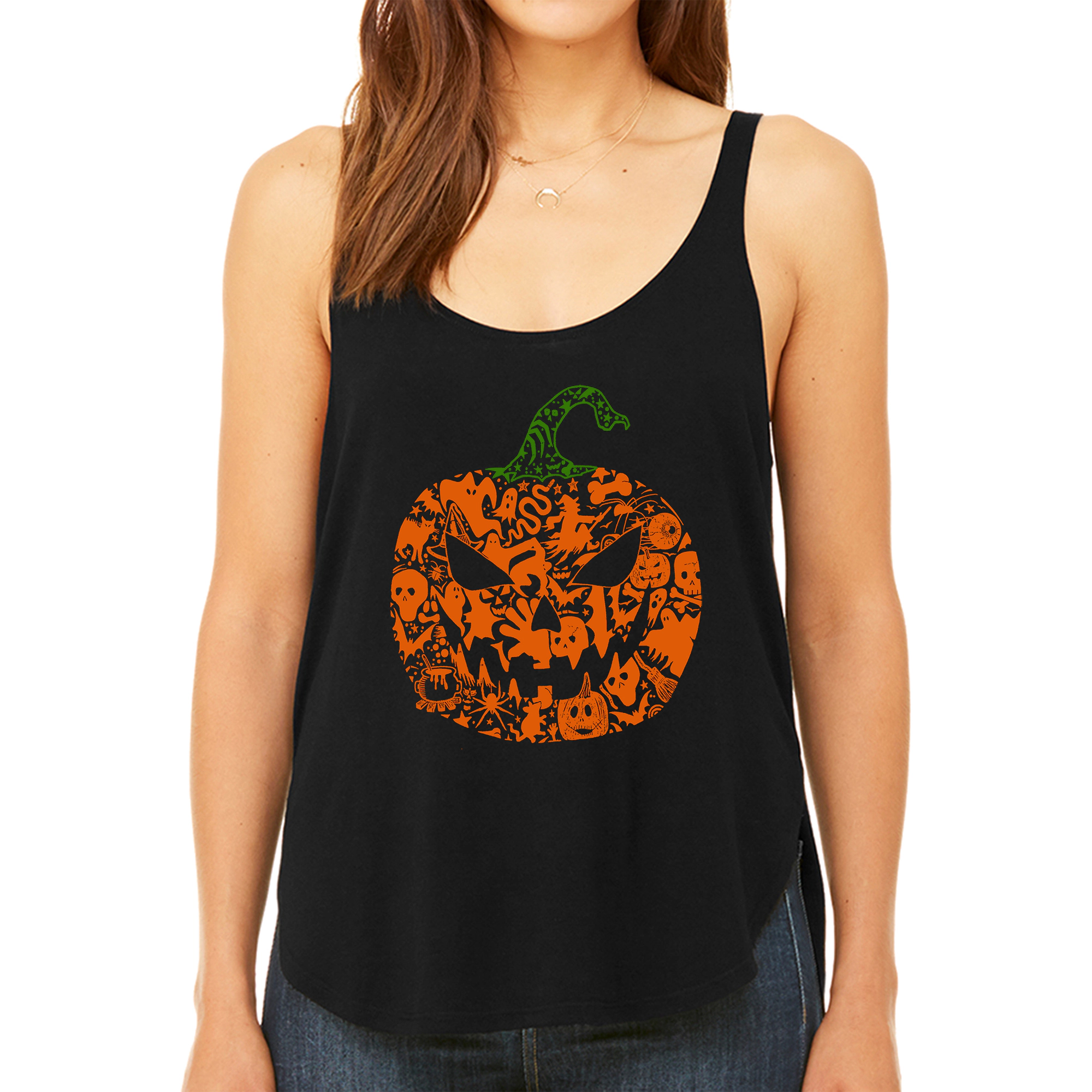 LA Pop Art Women's Premium Word Flowy Tank - Halloween Pumpkin