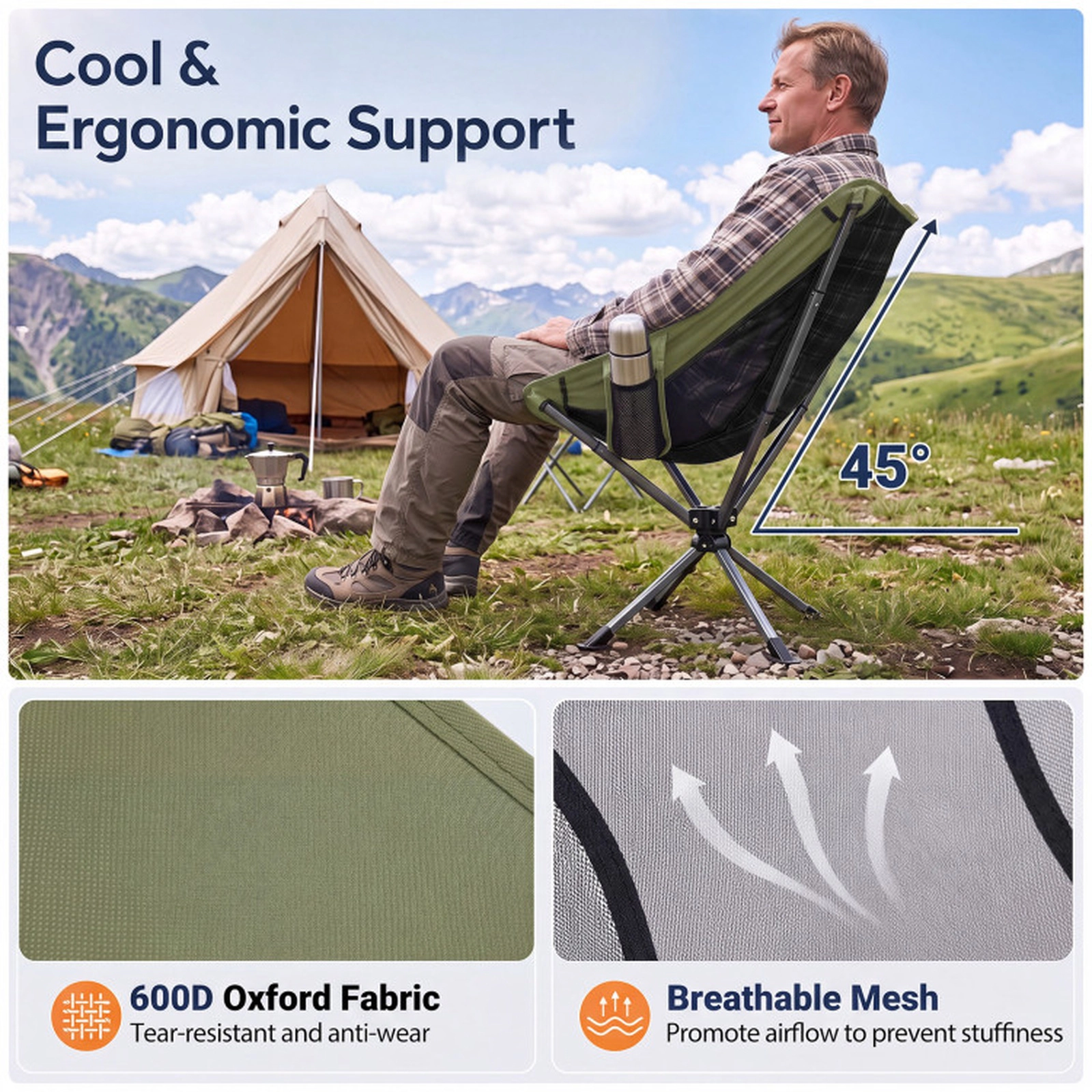 SUGIFT 360° Swivel Camping Chair with Cup Holder and Side Pocket 330-lb Capacity 17.5-in Seat Height Green