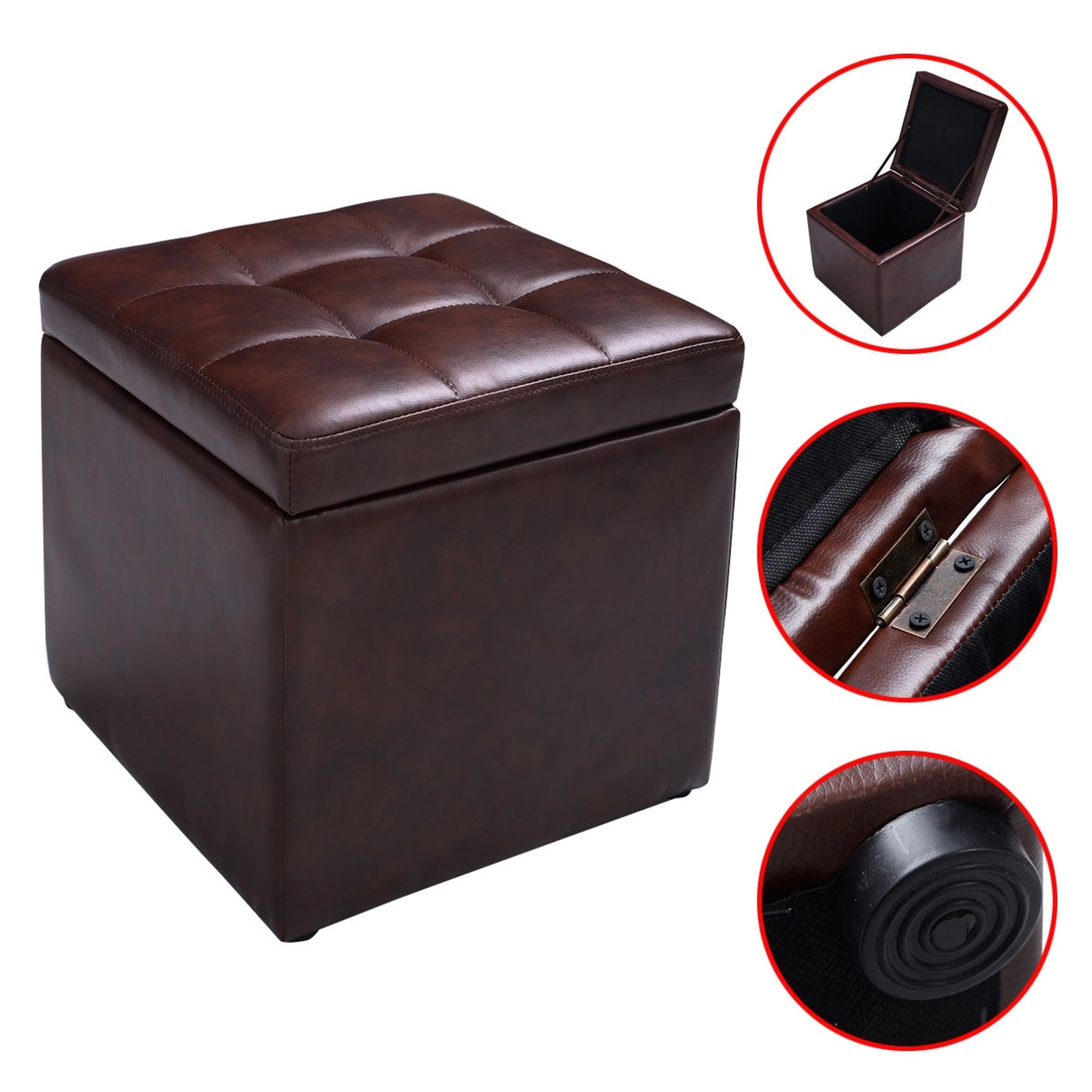 SUGIFT Brown Faux Leather Lounge Footstool Storage Box 16-in Cube Ottoman Pouffe