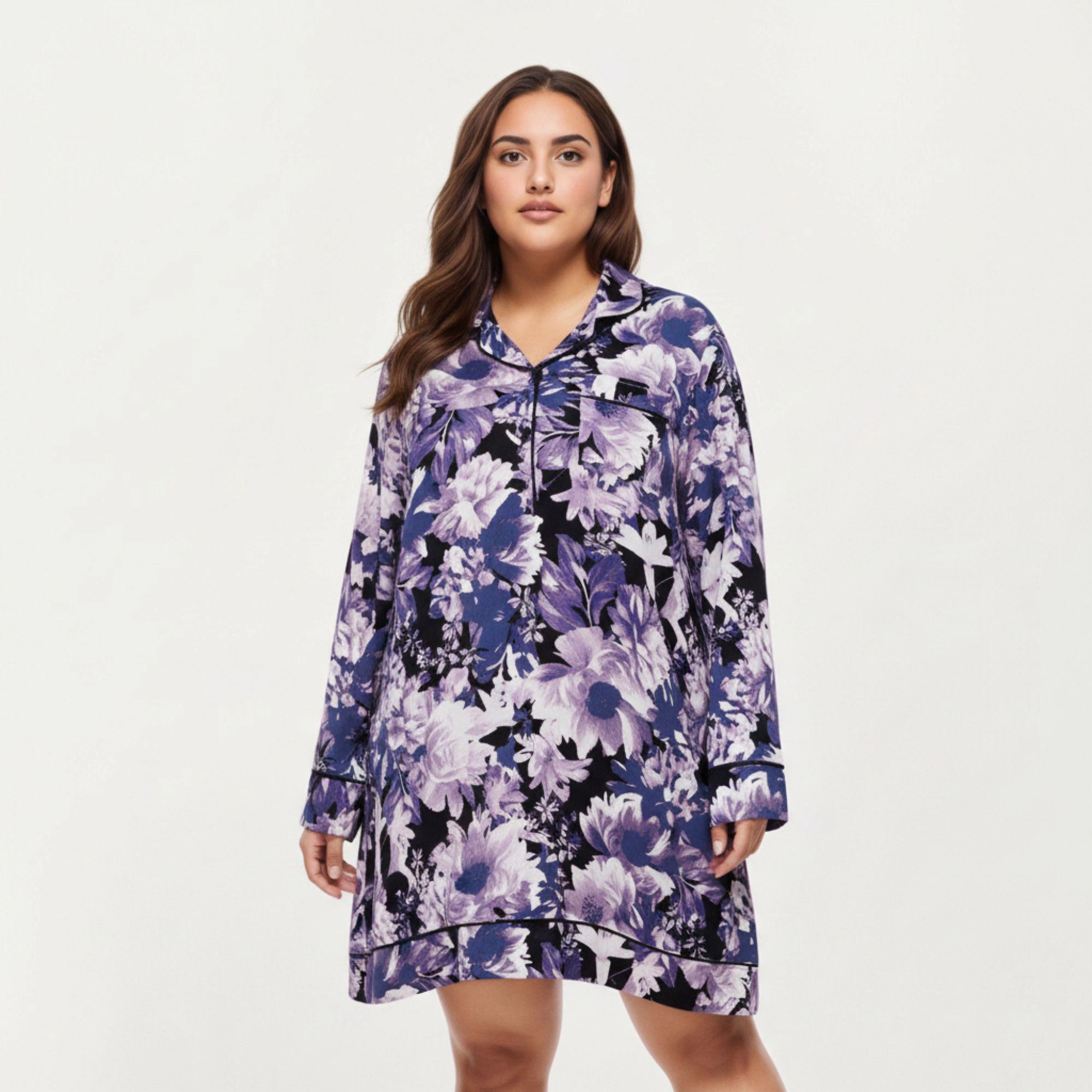 Anna-Kaci Women's Floral Print Long Sleeve Sleep Shirt Fabric Notched Collar Detail and Relaxed Above-Knee Silhouette
