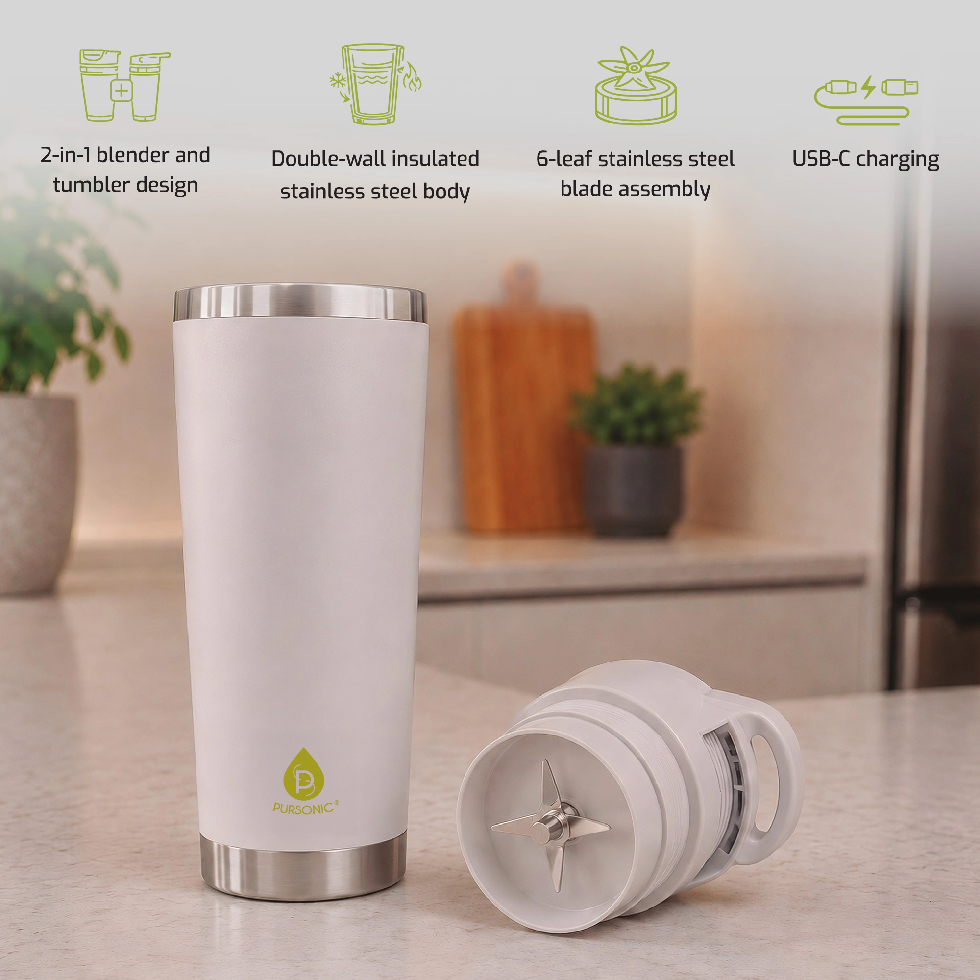 Pursonic Unisex Portable USB Rechargeable 2-in-1 Insulated Portable Blender & Tumbler