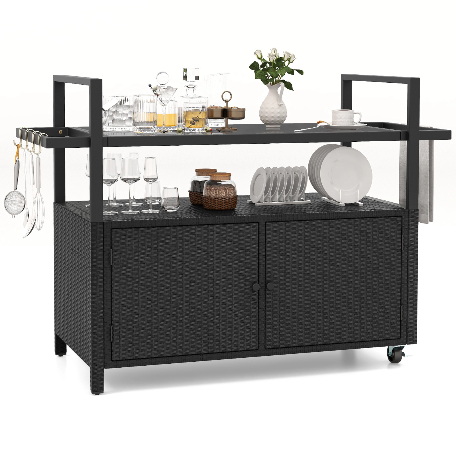 SUGIFT Outdoor Wicker Buffet Serving Bar Cart 2-Door Cabinet 8 Hooks 100-lb Capacity 51 x 19.5 x 35.5-in Black