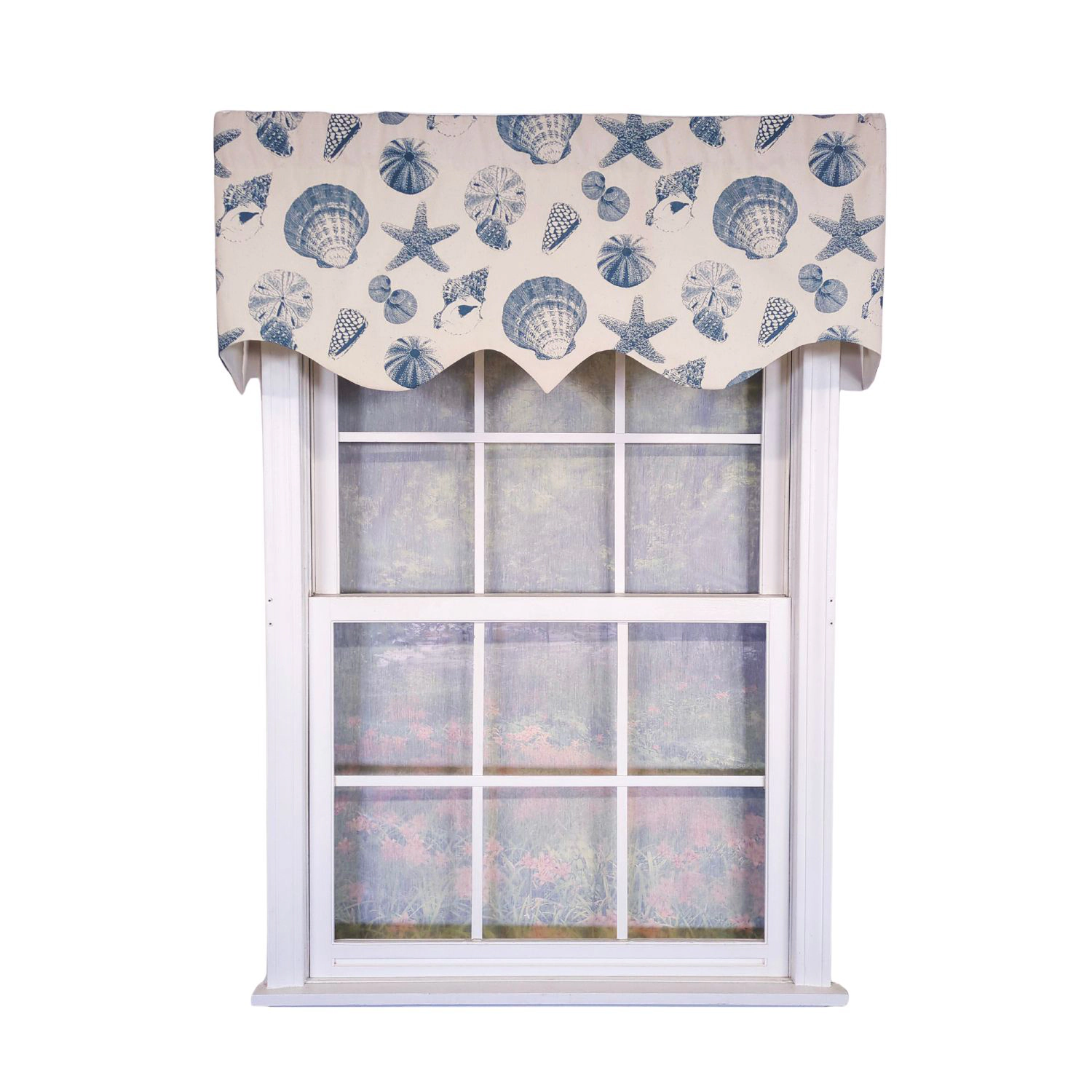 RLF Home 100% Cotton Seashells Regal With Ivory Lining Rod Pocket Window Valance 50" x 17" Blue