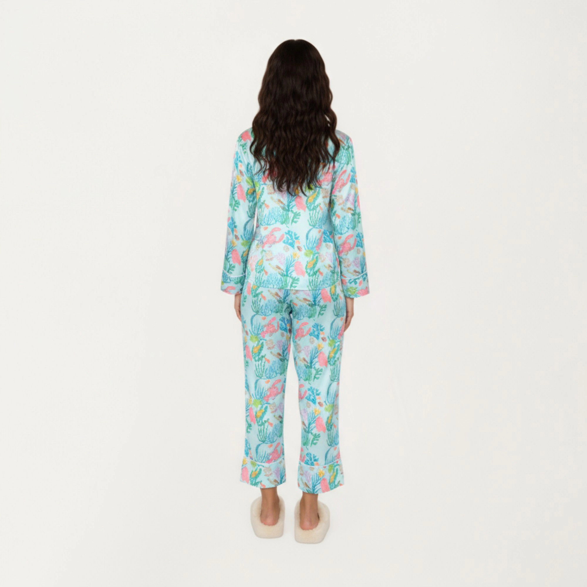 Anna-Kaci Women's 2-Piece Button Front Pajama Set with Ocean Print and Soft Silky Fabric for Relaxed Comfort