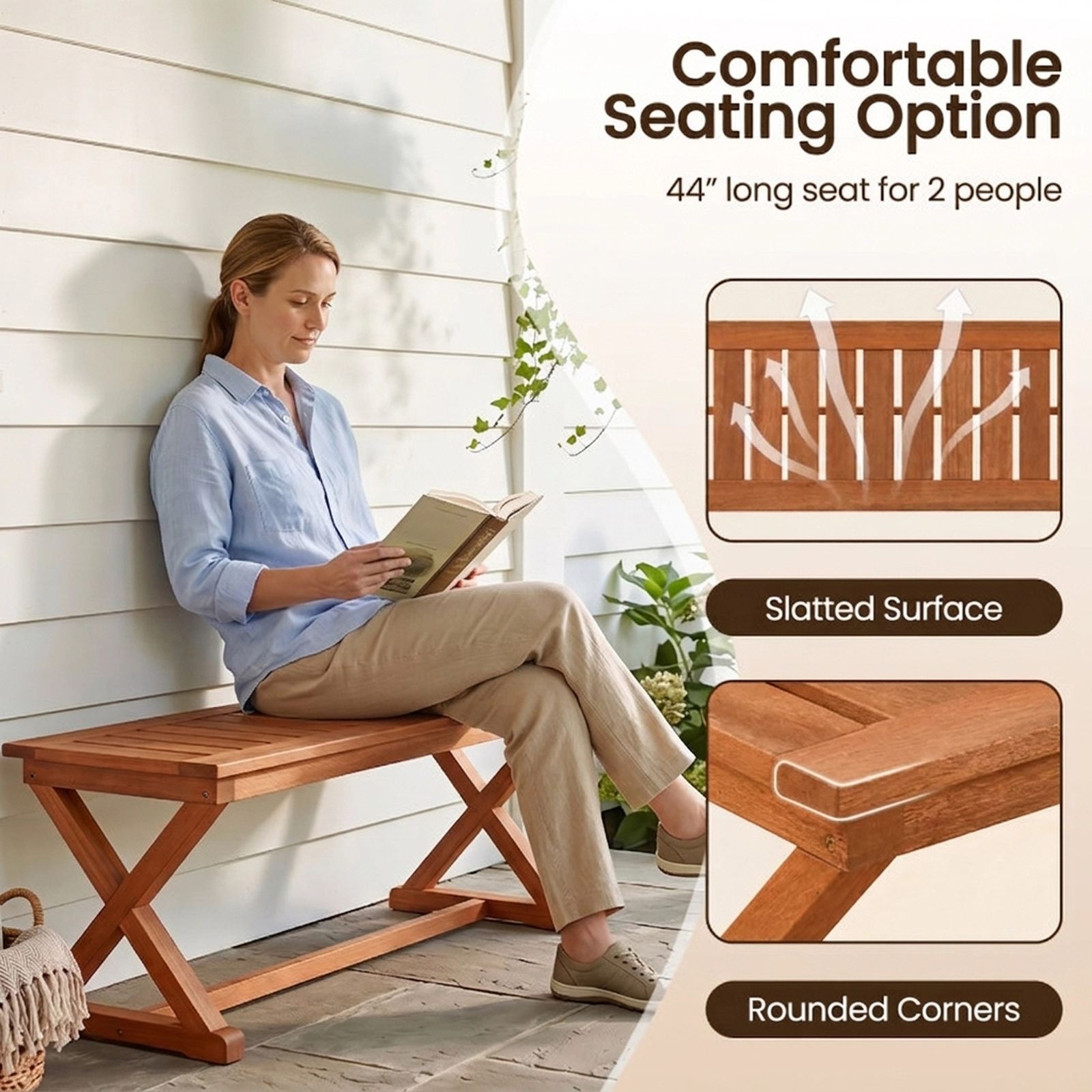 SUGIFT 44-in 2-Person Solid Hardwood Outdoor Bench with Slatted Seat 440-lb Capacity Teak Finish 2-Piece