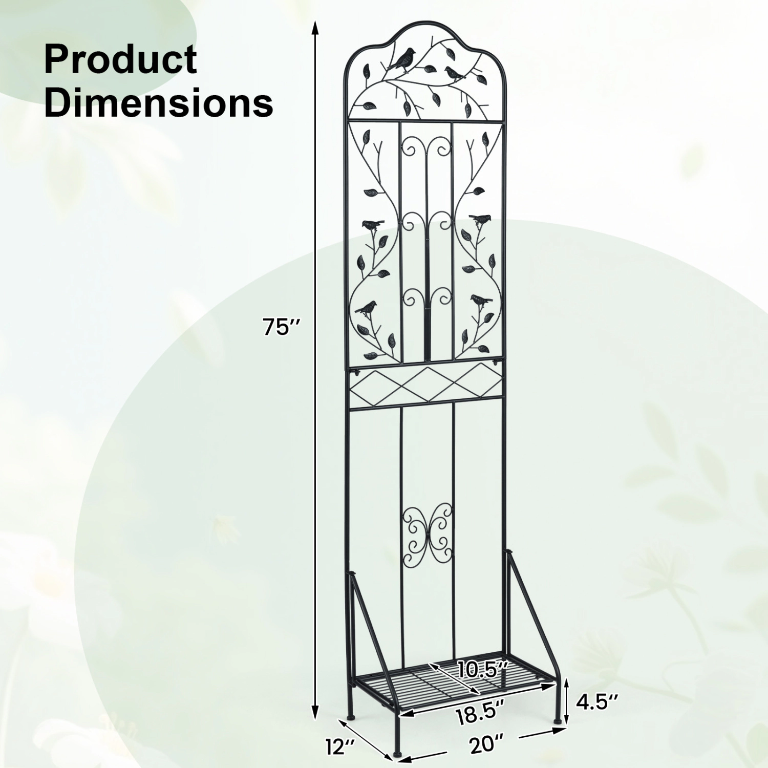 LJG 75 x 20 Inch Outdoor Metal Garden Trellis with Foldable Bottom Shelf