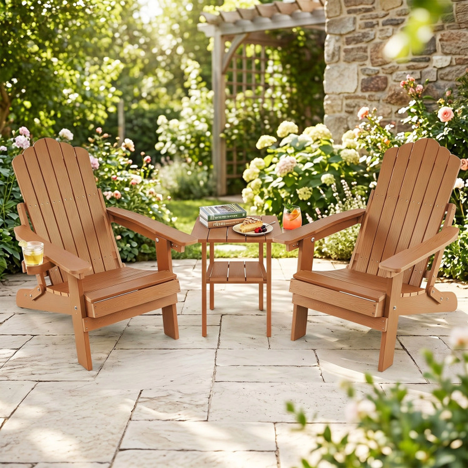 SUGIFT Set of 2 Outdoor Folding Adirondack Chairs with 5-Position Backrest and Cup Holder 330-Lb Capacity Coffee