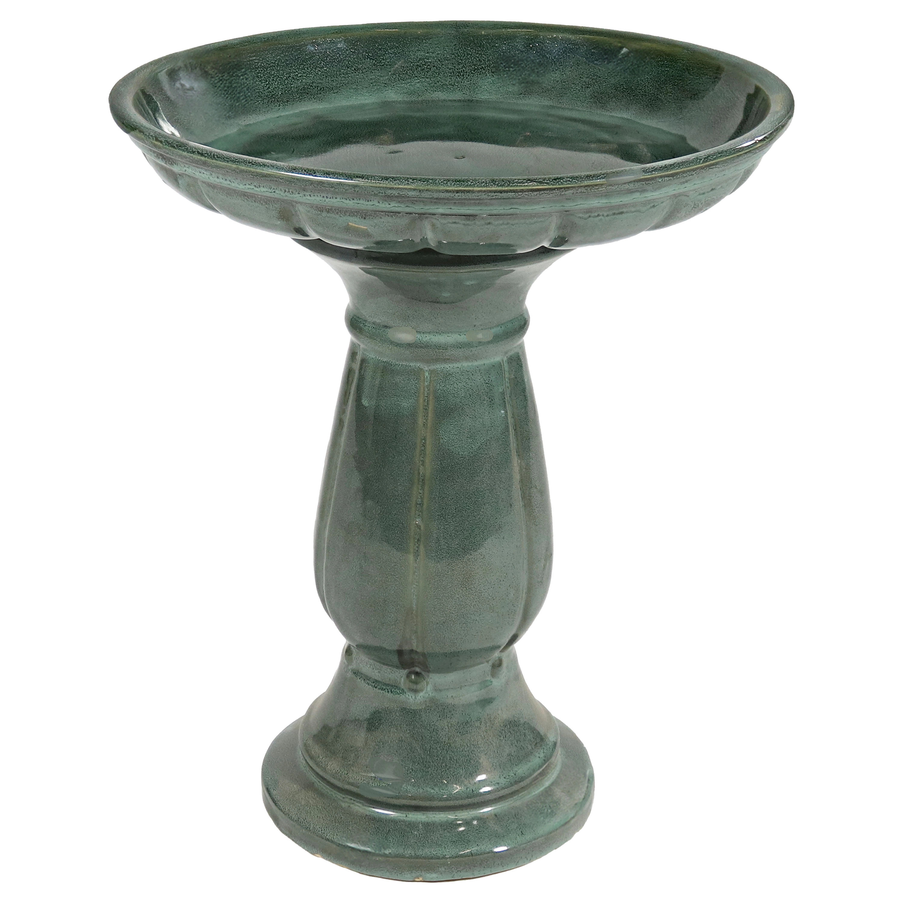 Sunnydaze Ceramic Bird Bath for Outdoors, 18” H, Green Mist