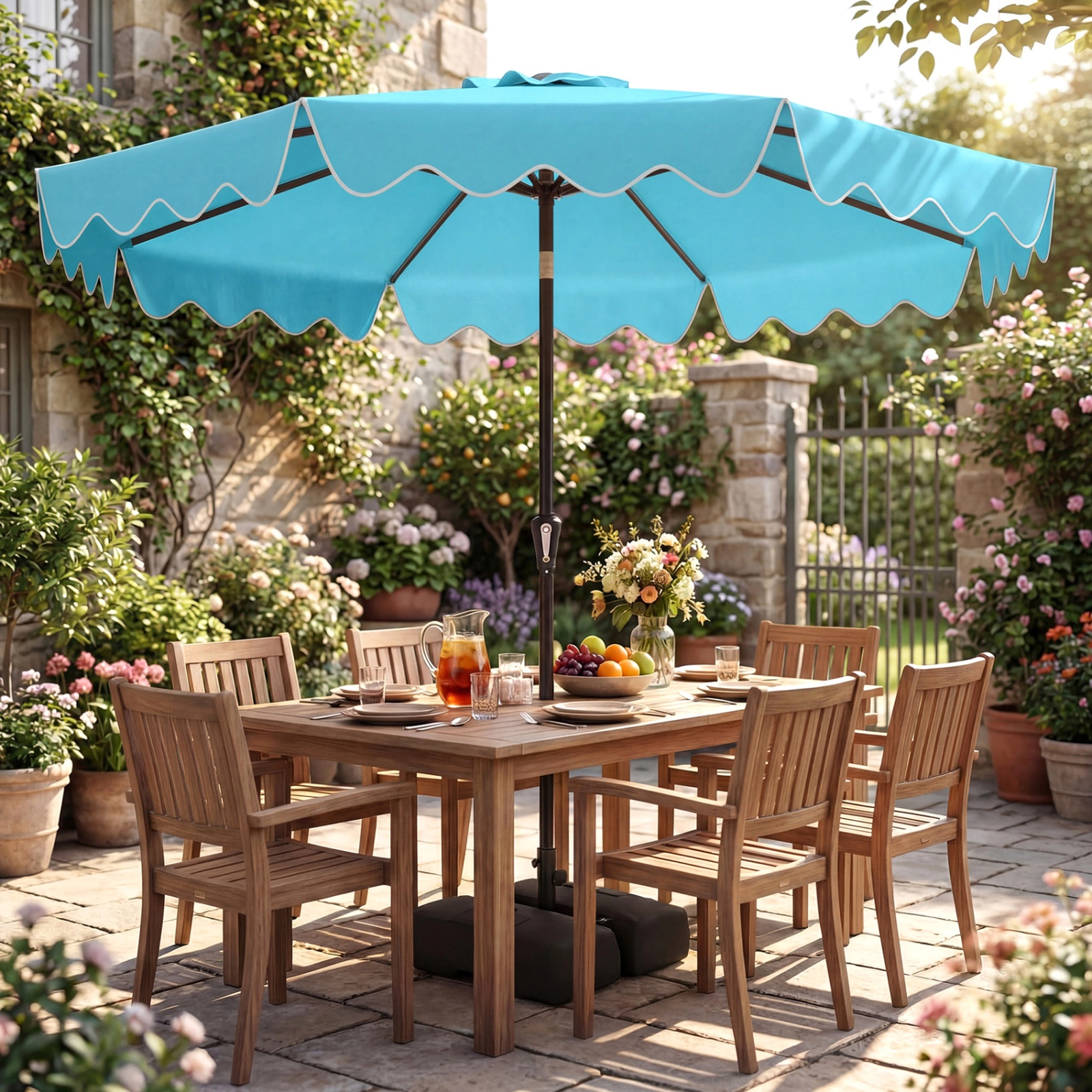 SUGIFT Double-Tier 9-Ft Patio Umbrella with Crank Lift, Tilt Canopy, Sandbag Base Turquoise